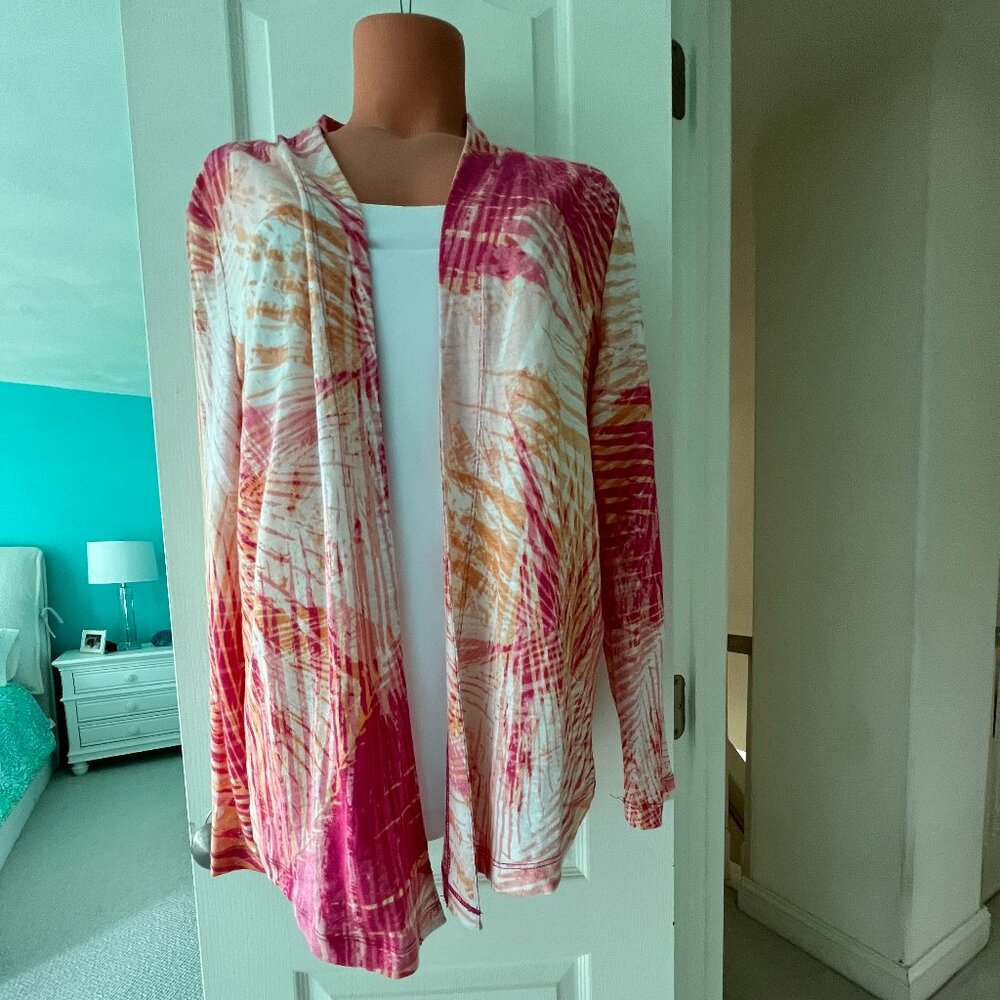 CHICOS PIN/ORANGE PALM LEAF CARDIGAN SIZE 1 NWT